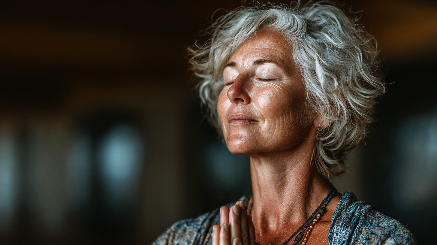 Възрастни хора практикуват йога с технологии